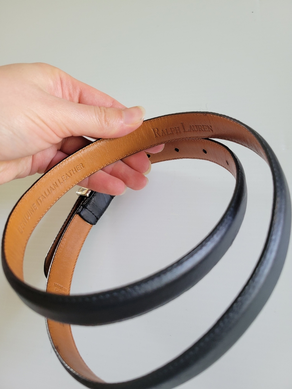 Ralph Lauren Genuine Smooth Leather Thin Belt Size M Silver Hardware Black - Picture 6 of 7